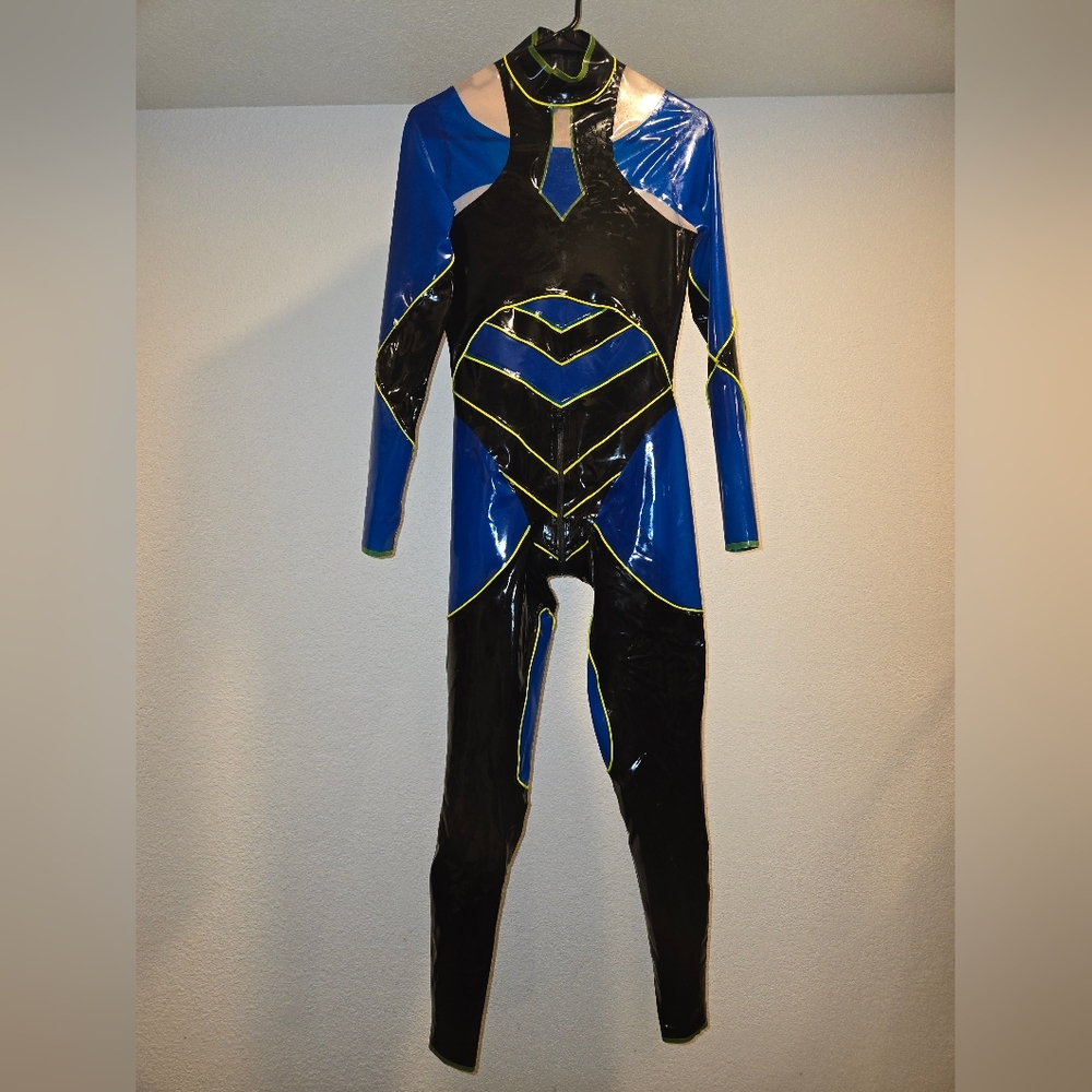 Blue and Black UV Reactive Latex Women's Catsuit